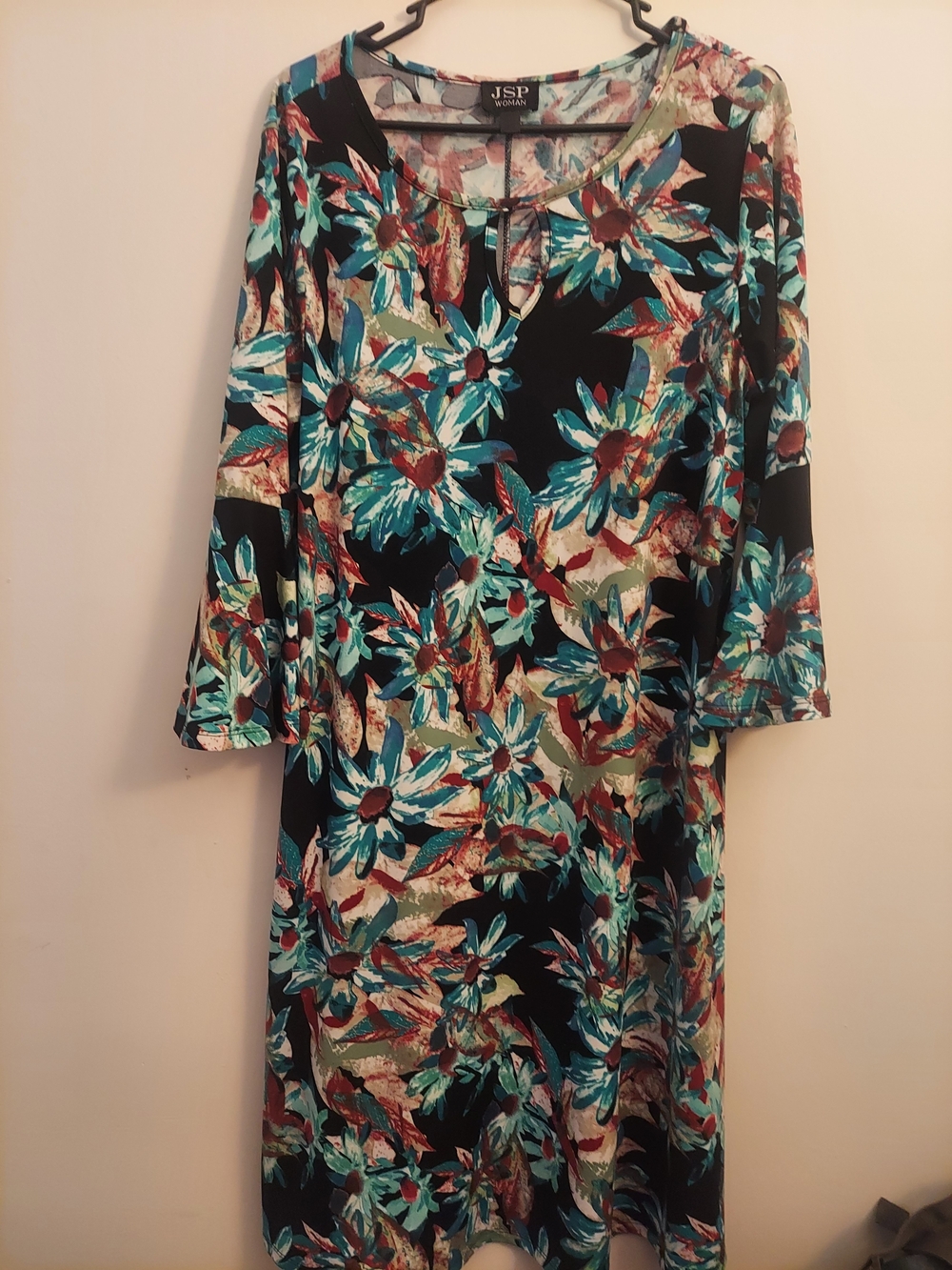 JSP Black Long-Sleeve Floral Shift Dress in Teal